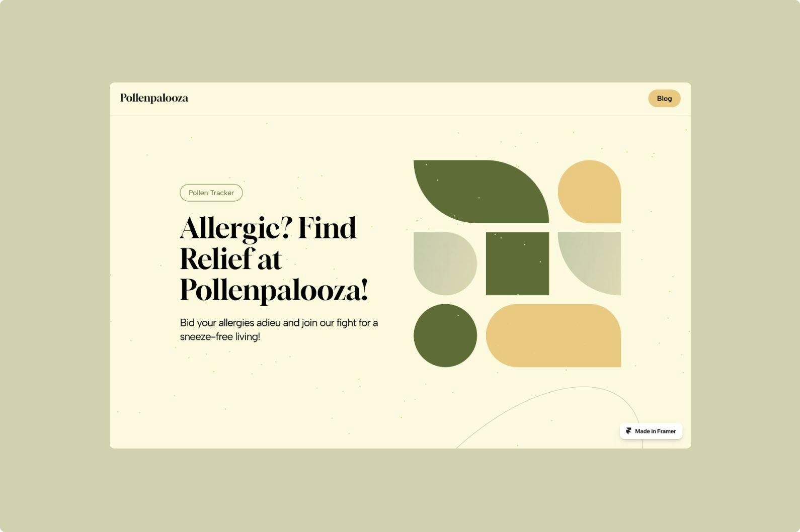 Website screen in beige tones with green, kaki and orange flat shapes