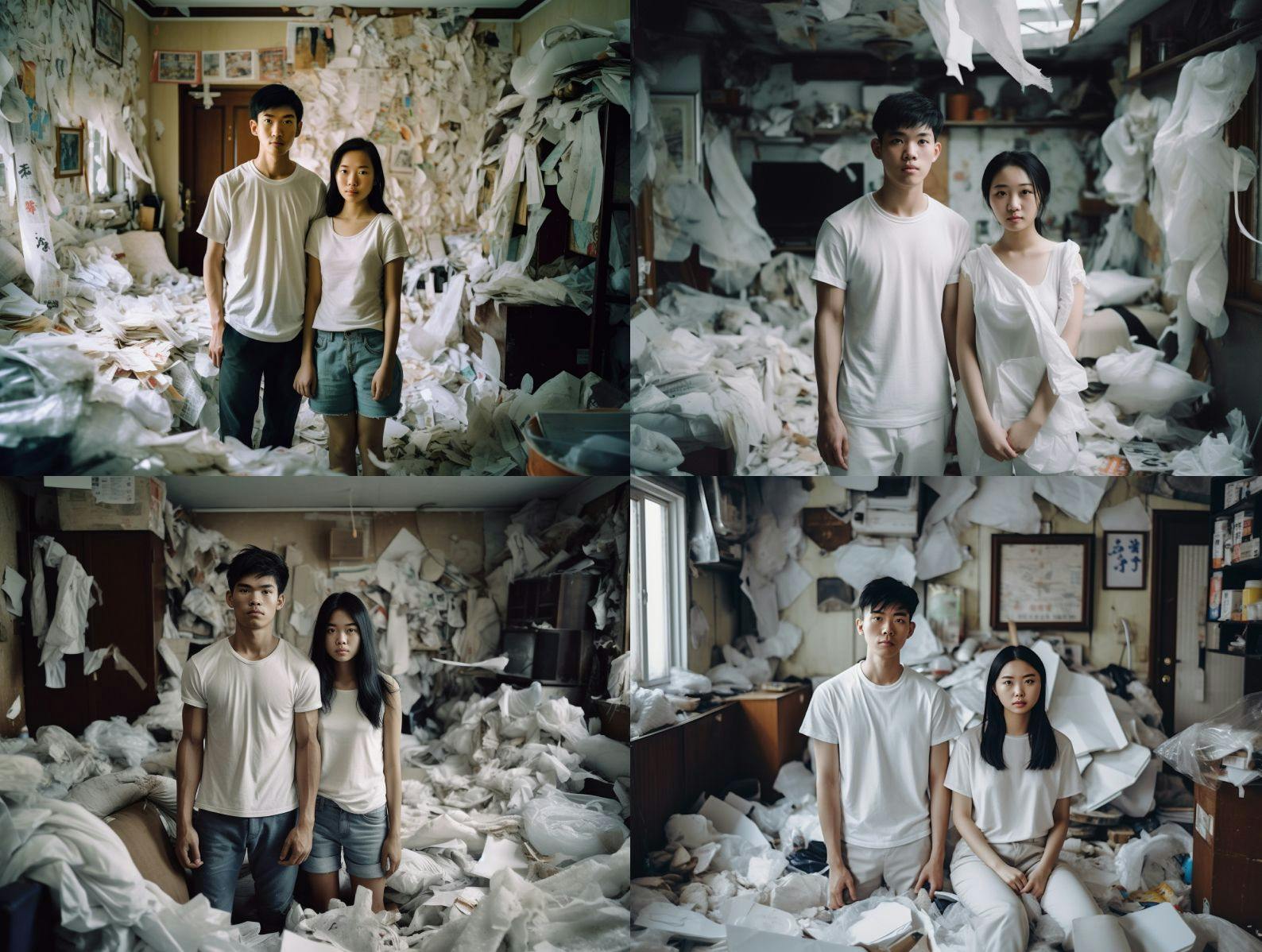 Photograph from 2018s China showing a young couple in their 20s, dressed in white, stands in their home filled with white plastic trash bags and torn white paper rolls.